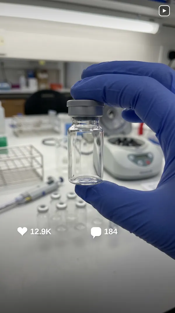 Peptide brand Instagram ad reel showing a research vial