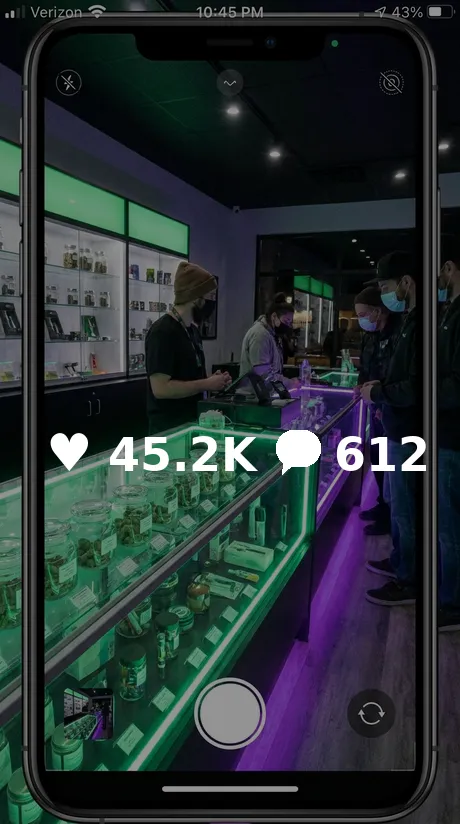 Cannabis dispensary Instagram reel with 45.2K likes
