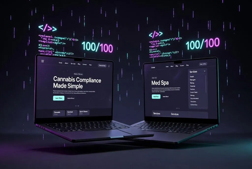 2 laptops with cannabis and med spa website development creation and coding on screen